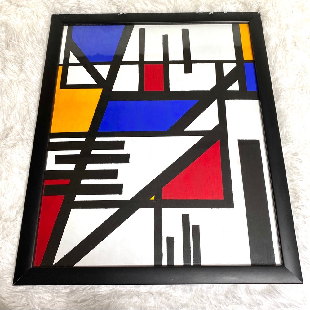 Framed Modern Piet Mondrian Inspired Abstract Art Painting